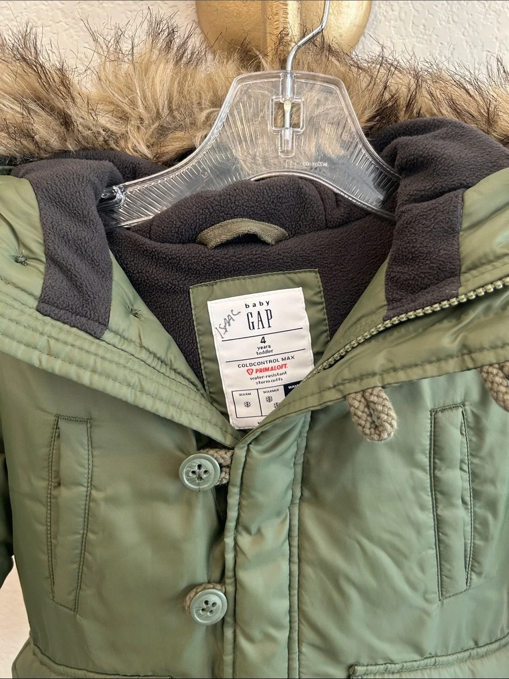 GAP boys fleece lined Olive Green Faux-Fur Hooded Puffer Jacket 4T